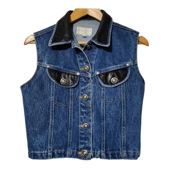 Cache Vintage Denim & Black Leather Trim Vest Moto Biker Cropped Jean Jacket Sz - Picture 2 of 12